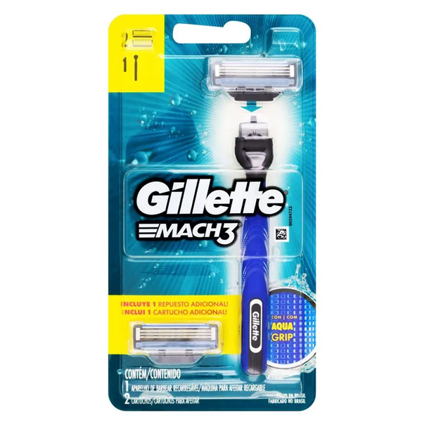 Aparelho p/ Barbear Gillette Mach3 Aqua Grip + 2 Cargas