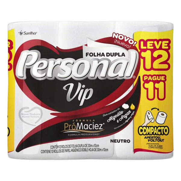 Papel Higiênico Personal Vip Folha Dupla Neutro 30m Leve 12 Pague 11