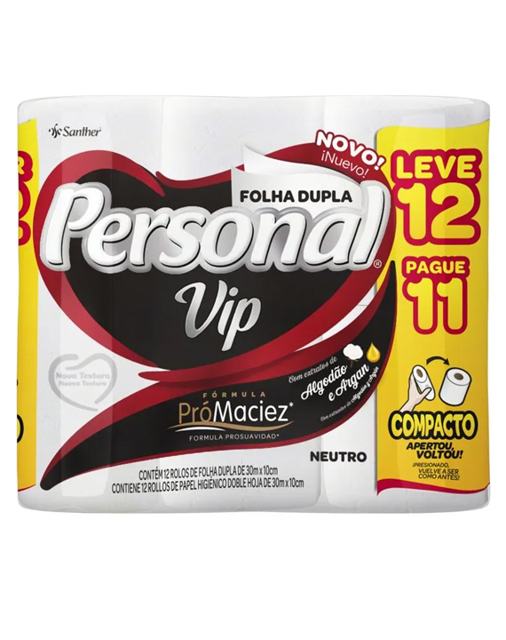 Papel Higiênico Personal Vip Folha Dupla Neutro 30m Leve 12 Pague 11