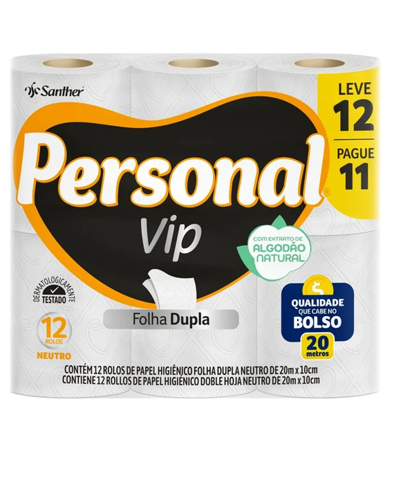 Papel Higiênico Personal Folha Dupla Neutro Vip 20m Leve 12 Pague 11 Unid